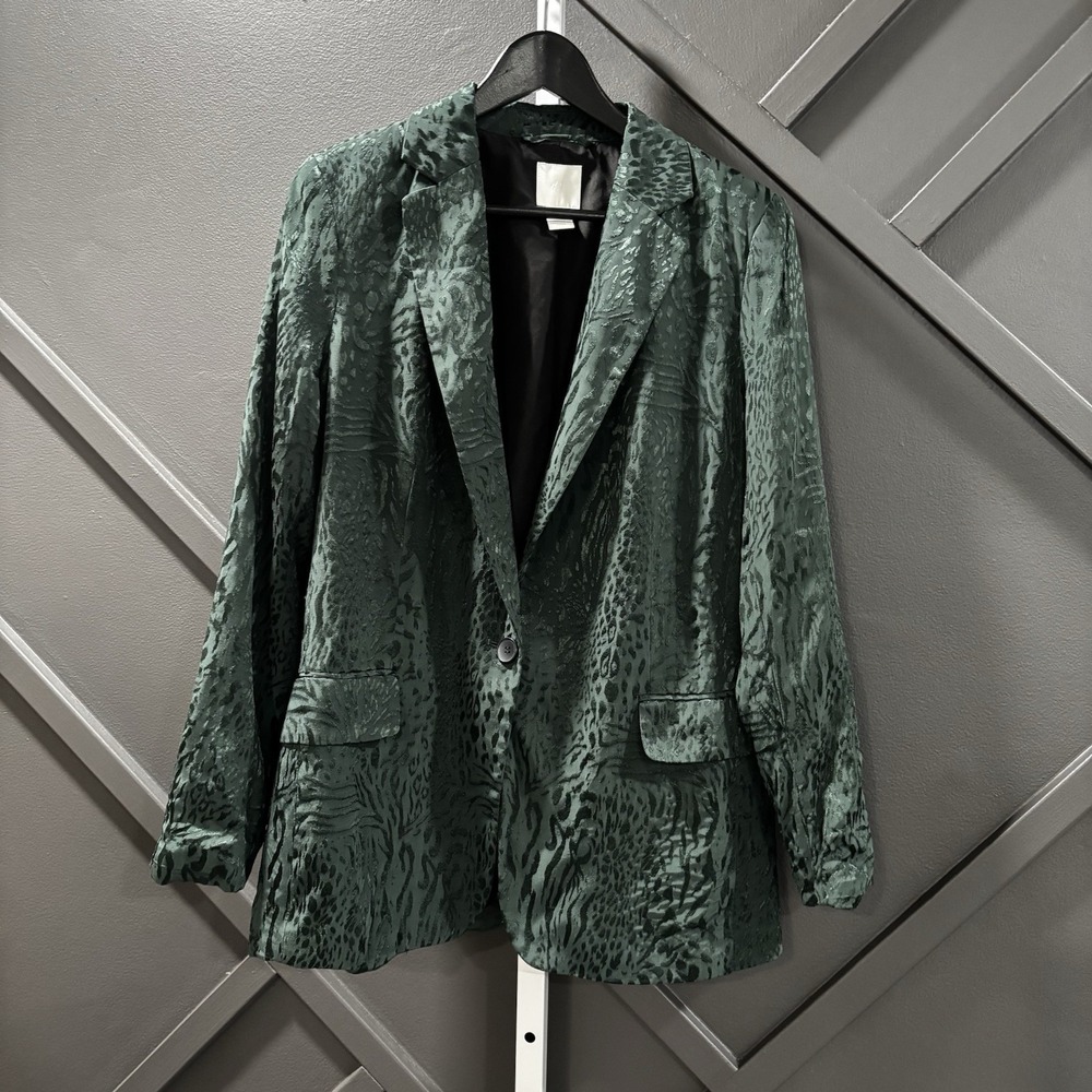 H&M Blazer Womens Size 10 Emerald Green Leopard Jacquard One Button Lined Jacket